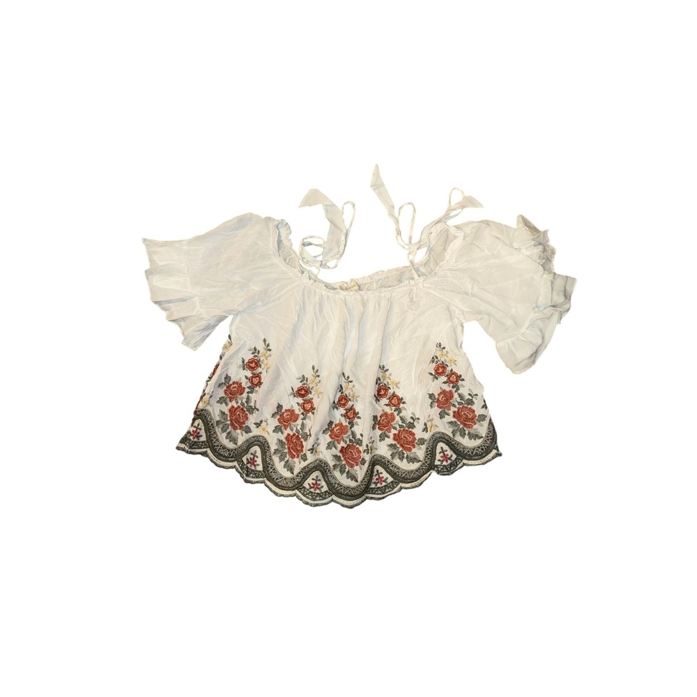 Altar'd State Embroidered Top Womens Large White Boho Floral Scallop Hem